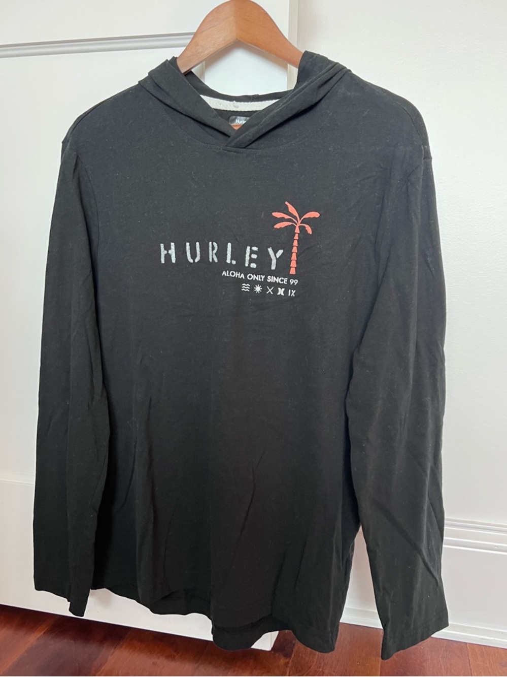Hurley Black Hooded Long Sleeve Tee with Coral Palm Tree Graphic